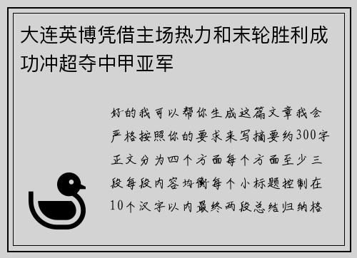 大连英博凭借主场热力和末轮胜利成功冲超夺中甲亚军