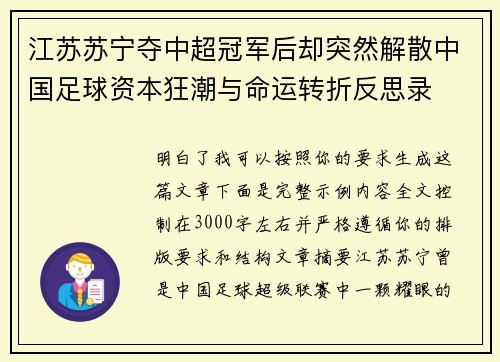 江苏苏宁夺中超冠军后却突然解散中国足球资本狂潮与命运转折反思录